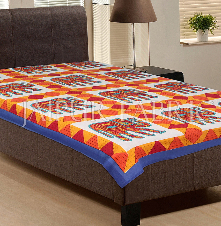 Blue Border With Red and Orange Elephant Print Single Bedsheet