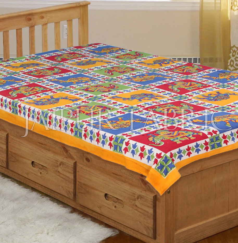 Yellow Border Rajasthani Camel and Elephant block print Single Bed sheets