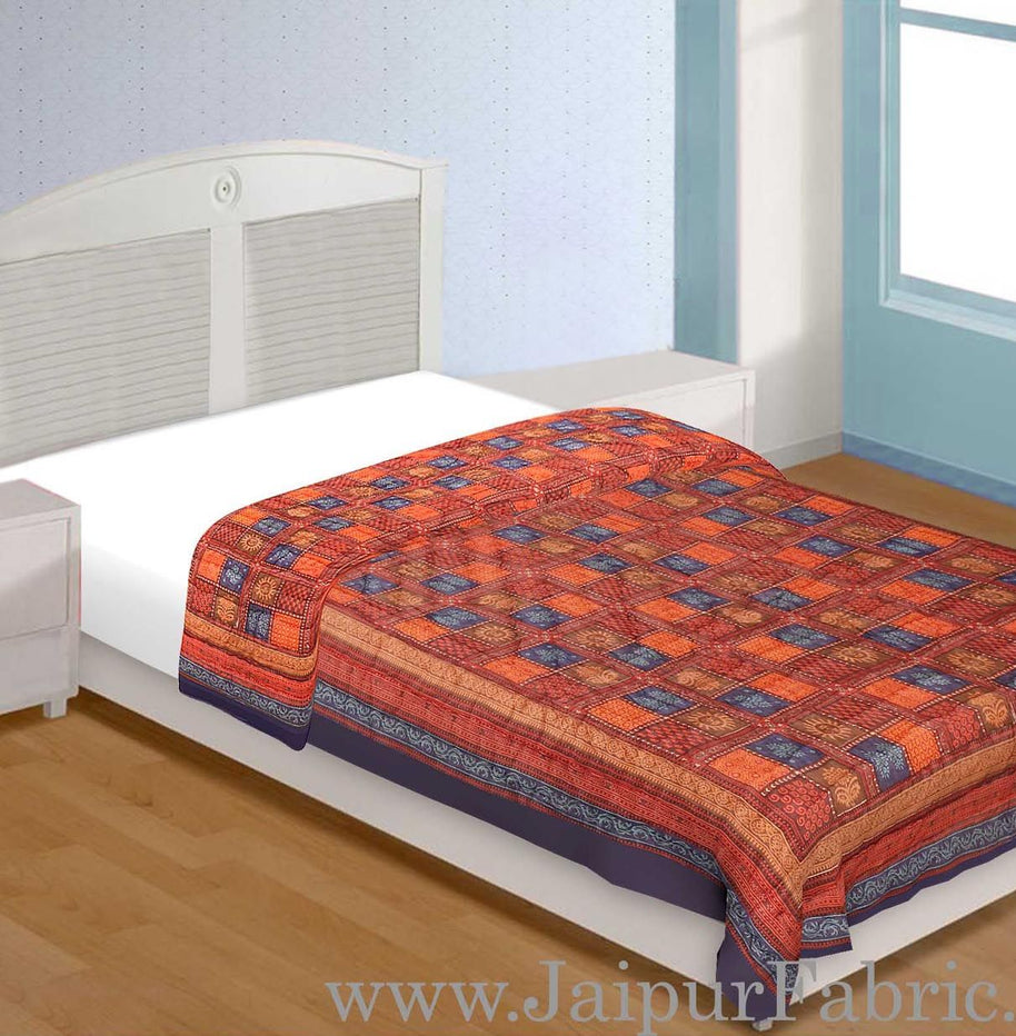 Navy Blue Border Multi Colour  Check & Dabu Print Fine Cotton  Single Bed Quilt