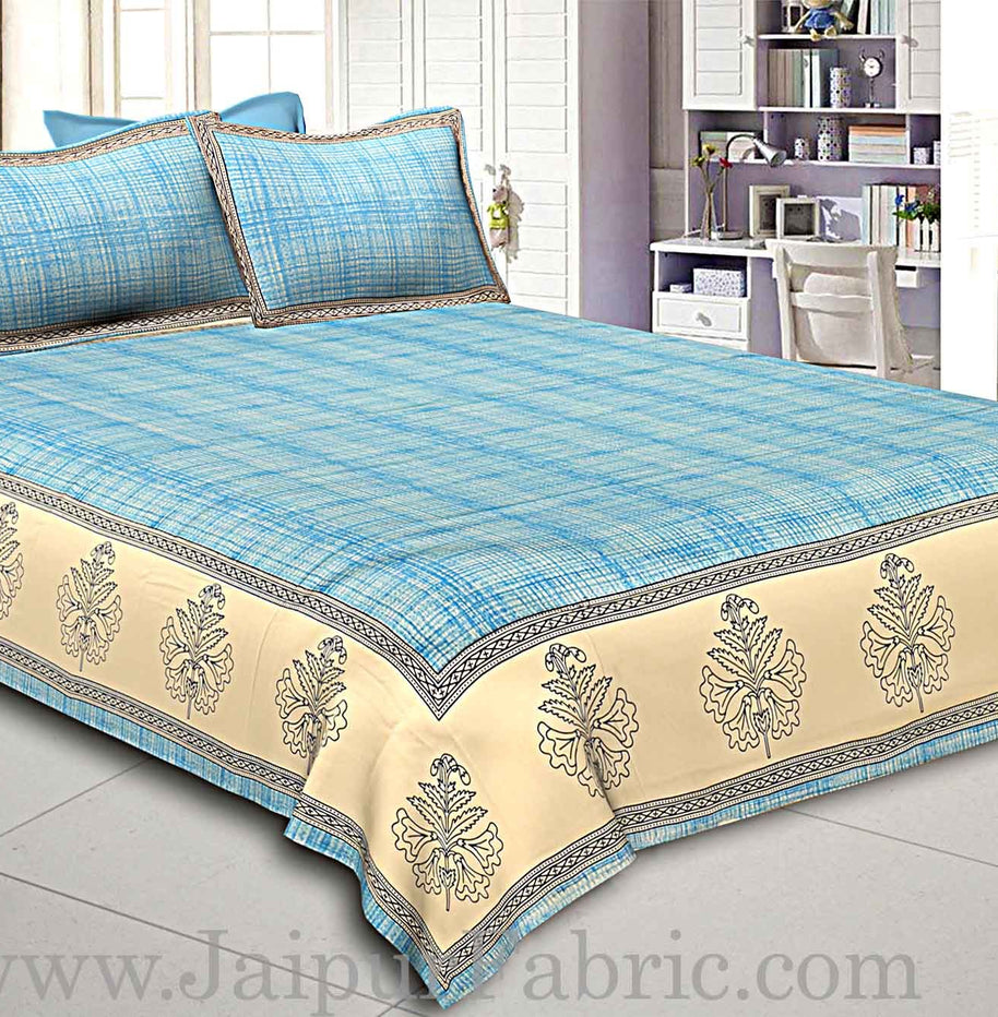 king size bedsheet  cotton satin sky blue border with cream and blue  base hand block  pattern