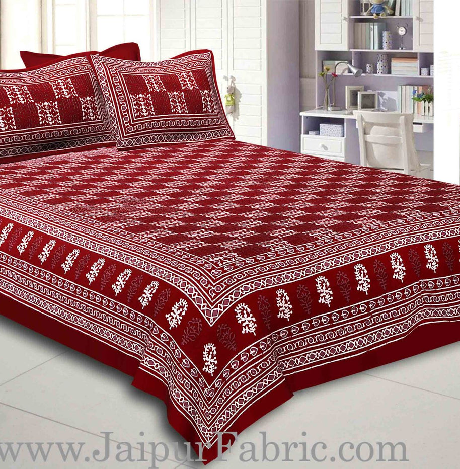 Maroon Border Maroon  Base Checkered  Print Fine Cotton Double Bed sheet  With Pillow Cover