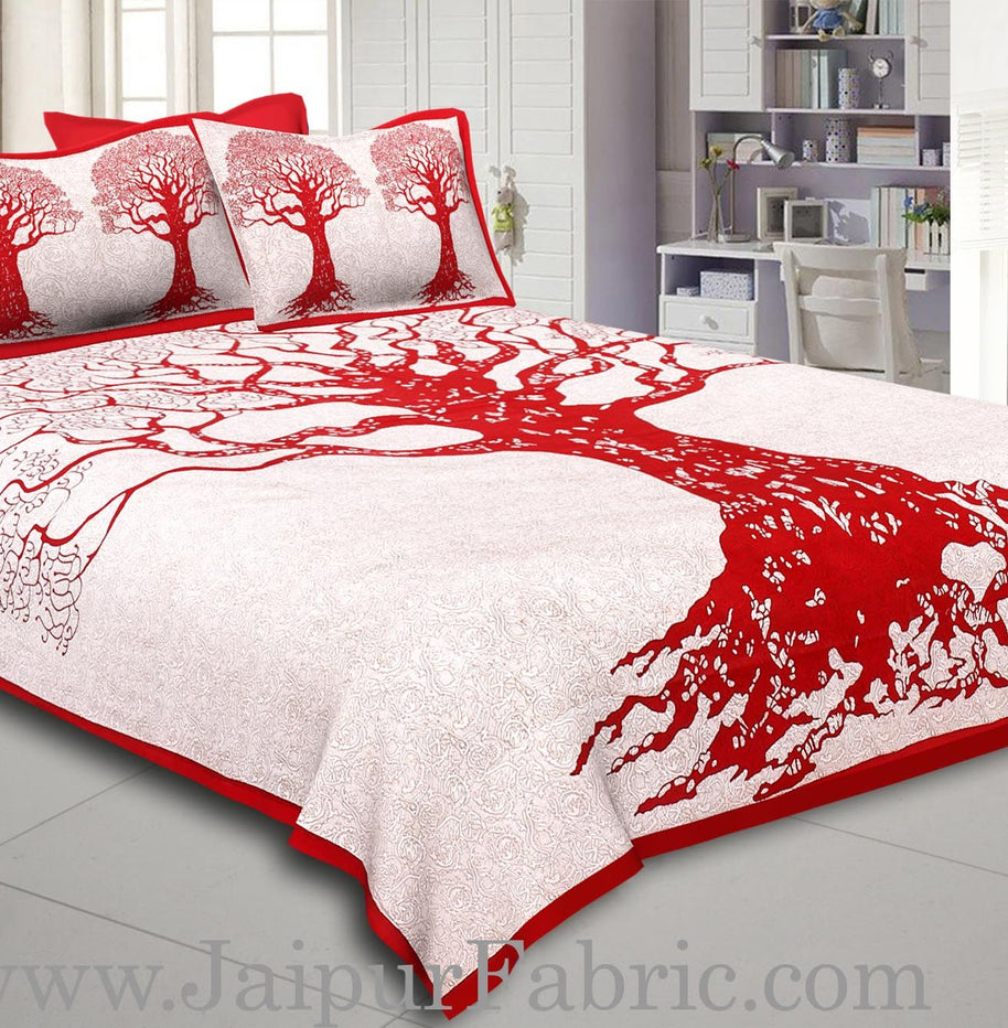 Red Border Light Cream base Big Tree Pattern  Super Fine Cotton Double Bed Sheet