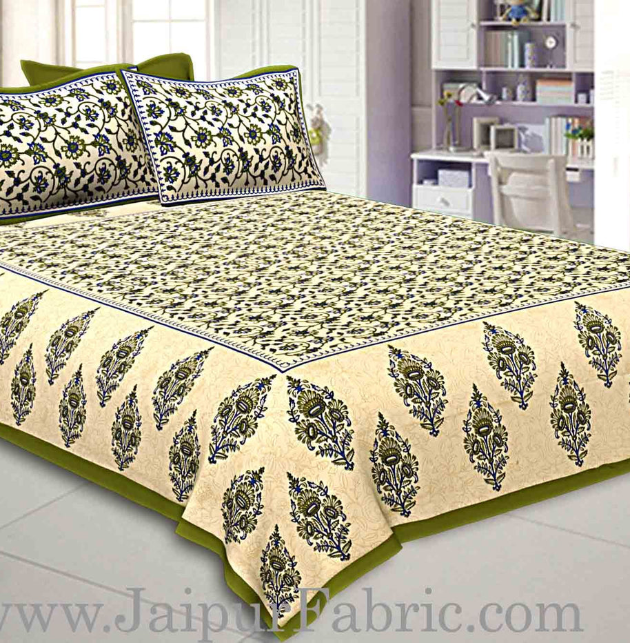 Green  Border Tropical keri Design Cotton Double Bed Sheet