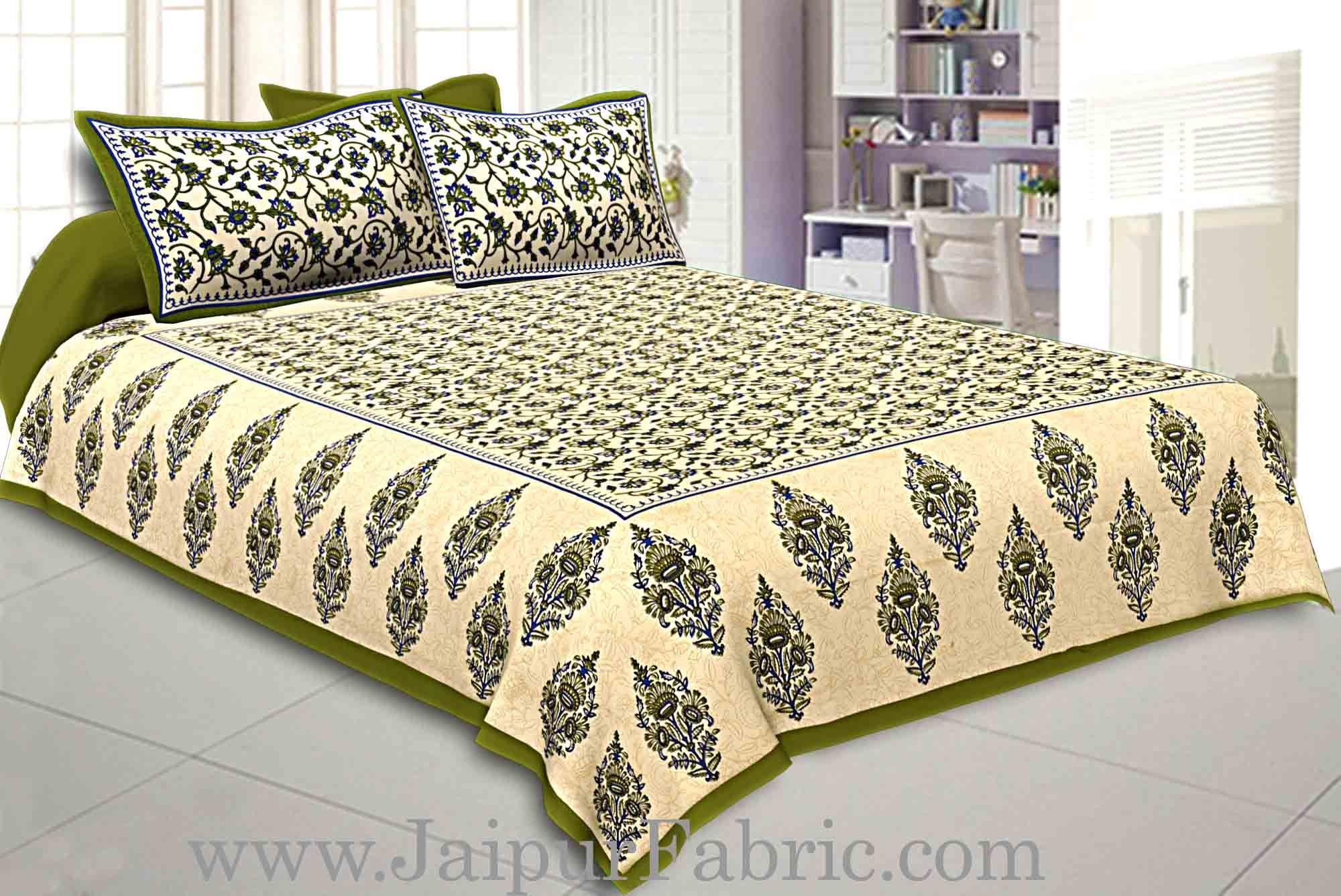 Green  Border Tropical keri Design Cotton Double Bed Sheet