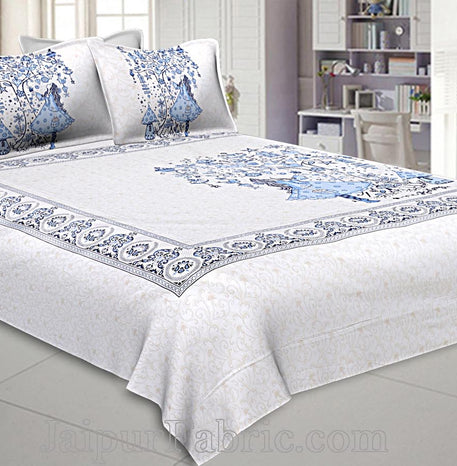 Twill Cotton Double Bedsheet Sky Blue Fir Tree Pattern