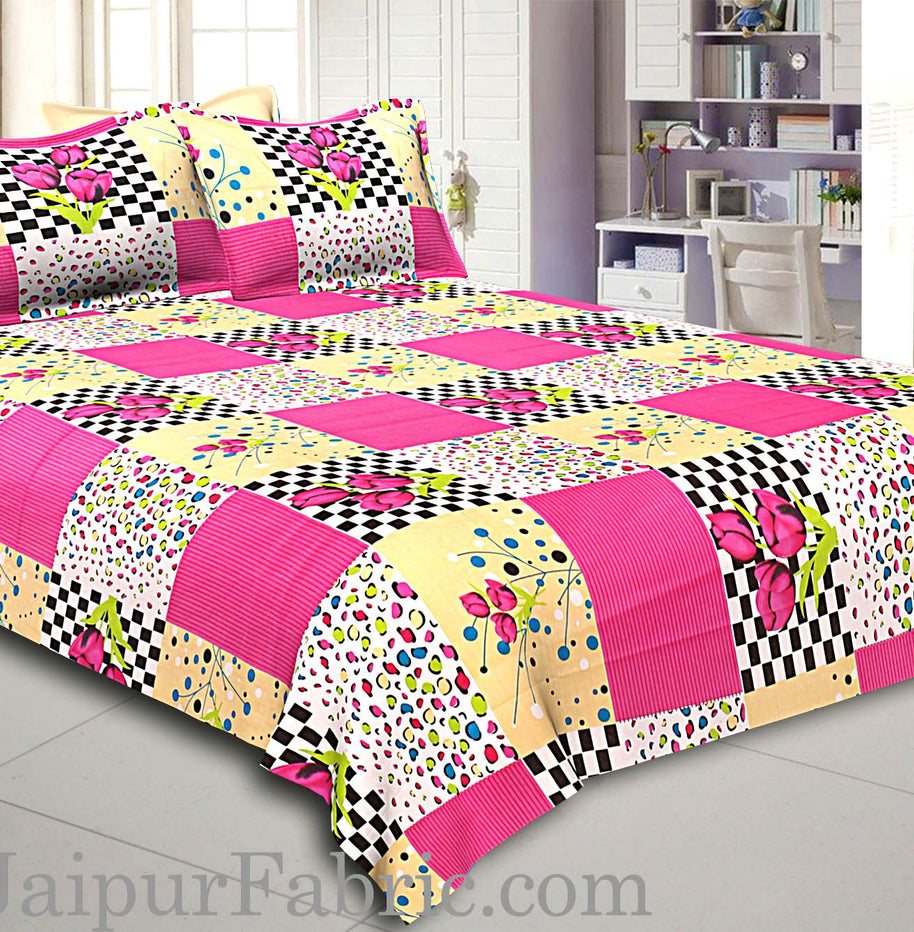 Pink Flower with Checkered Print Double Bed Sheet