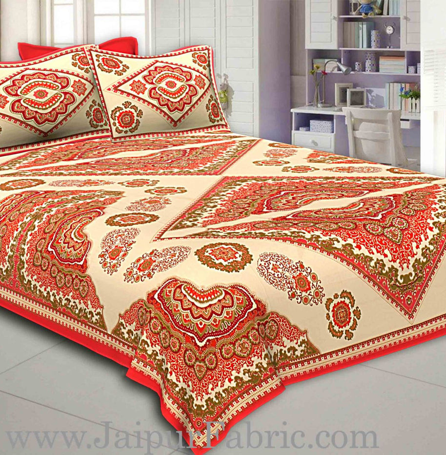 Red Border Multi Big Boota Golden Print Fine Cotton Double Bedsheet With Two Pillow