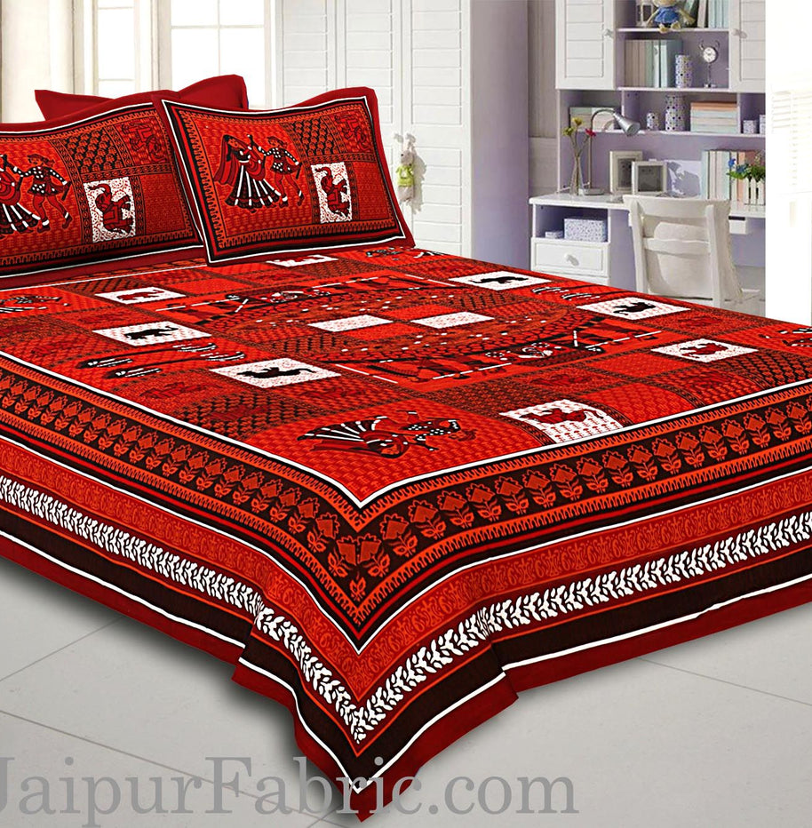 Maroon And Black Border Red Base Doli Print In Checks  Fine Cotoon Double Bed Sheet