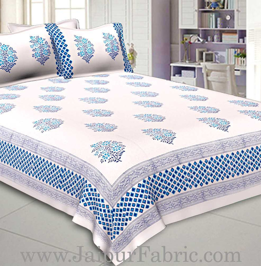 Double Bed Sheet White Base With Kadhi Print Blue Rajasthani Buta Hand Block Print Super Fine  Cotton