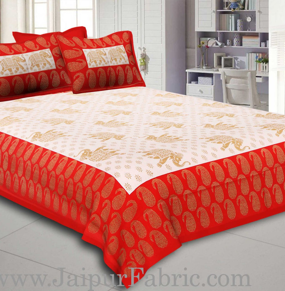 Red Border Elephant Golden Print Cotton Double Bedsheet With Pillow Cover