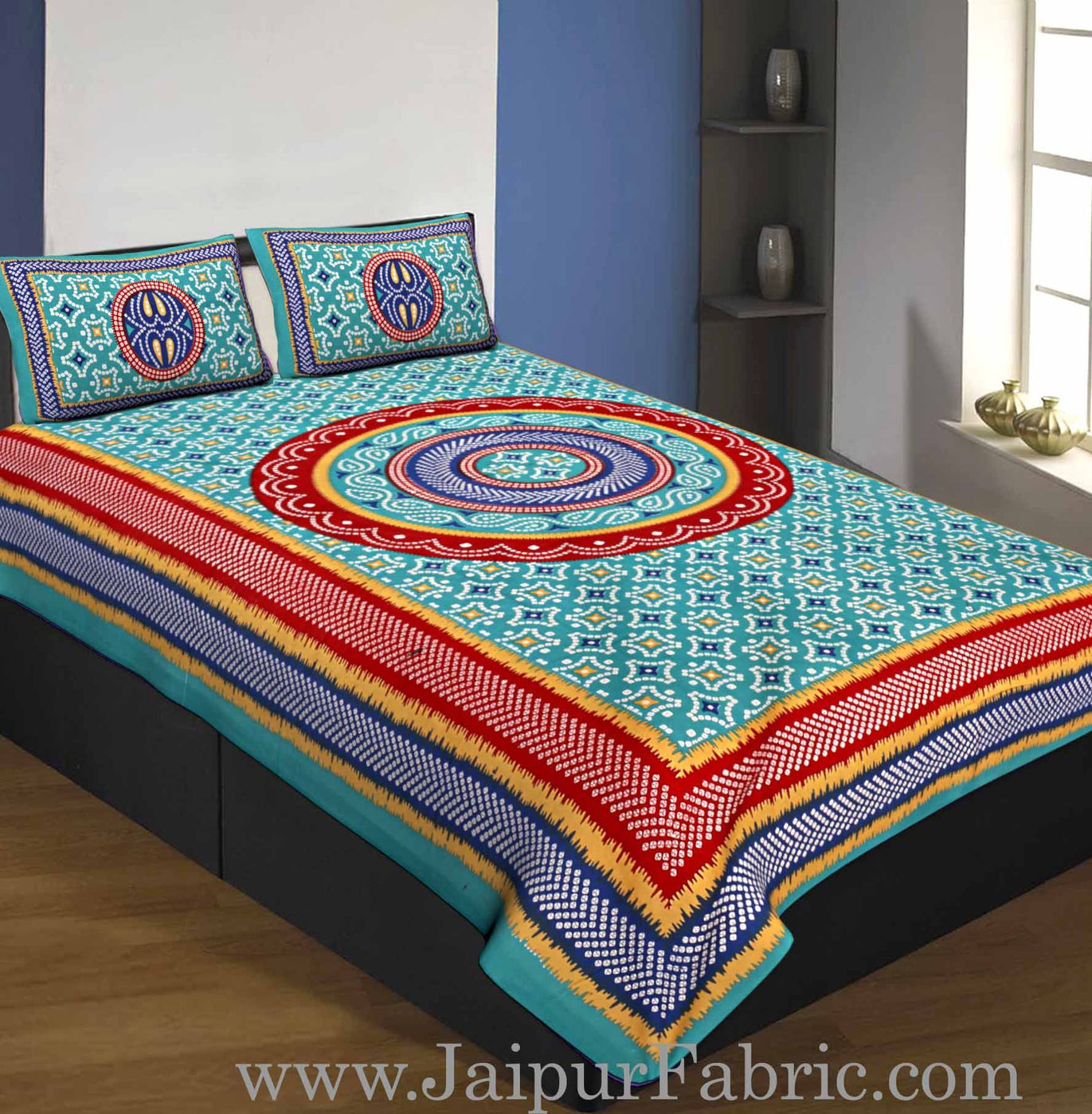 Single Bedsheet Pure Cotton Sea Green  Border with  Bandhej and Rangoli Print