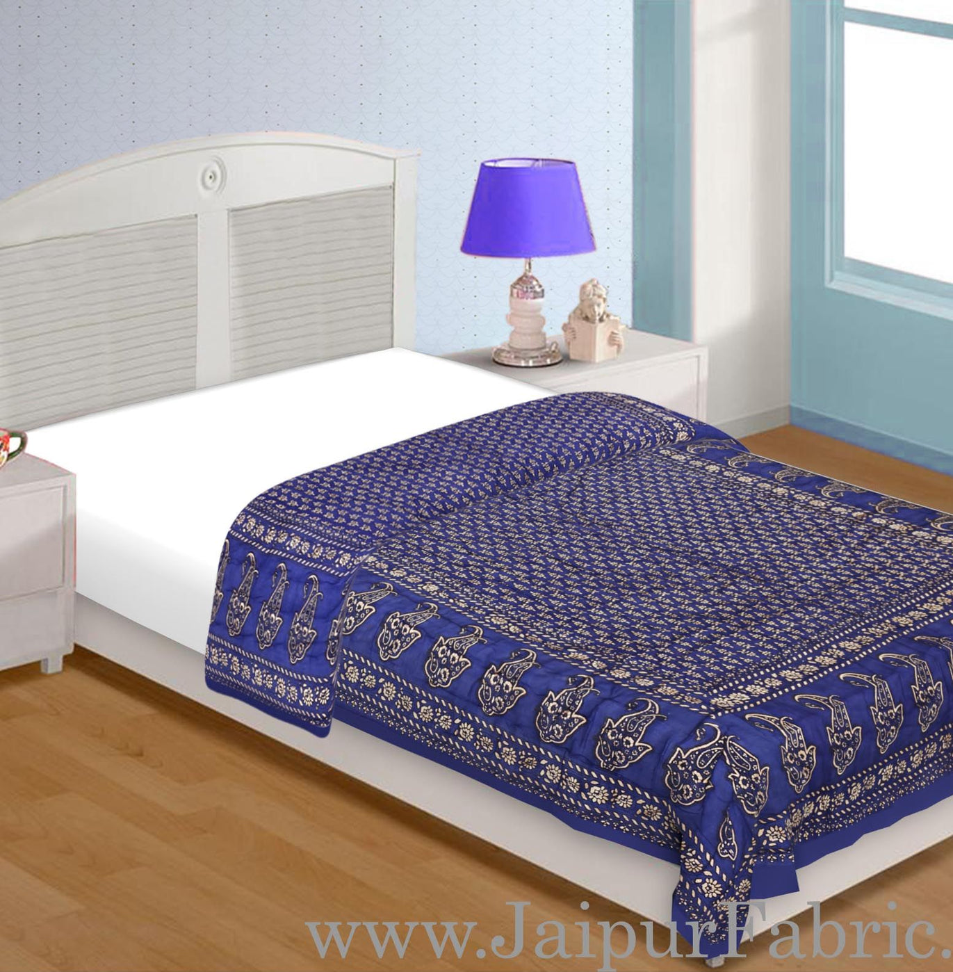 Navy Blue Base Golden Print Single Bed Quilt