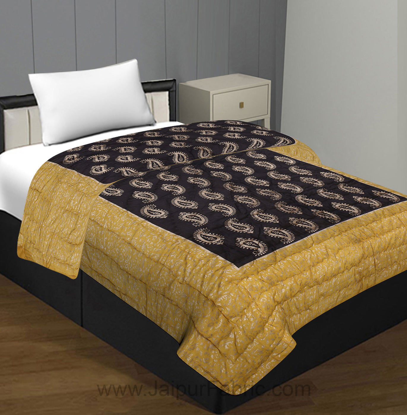 Jaipuri Printed Single Bed Razai Golden Yellow and Dark Brown Green with Paisley pattern