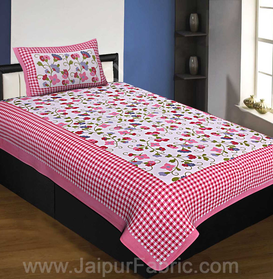 Floral Single Bedsheet Pink Color Dotted Border with 1 Pillow Cover