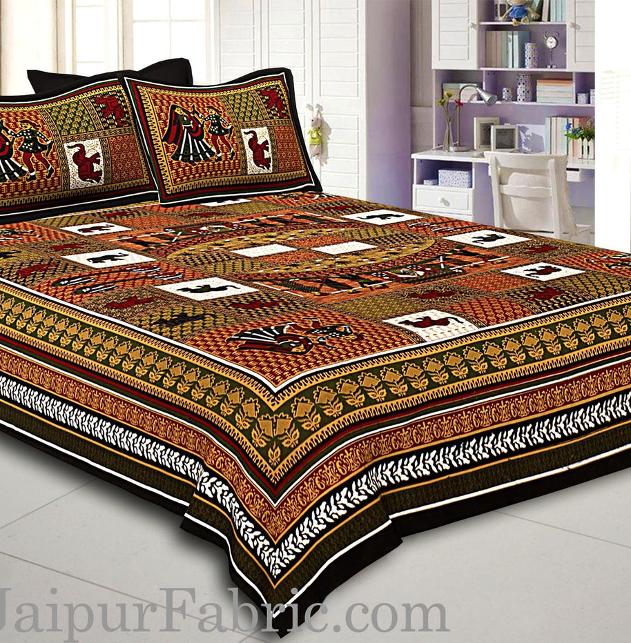 Dark Green And Black Border Multi Colour Base Doli Print In Checks Fine Cotton Double Bed Sheet