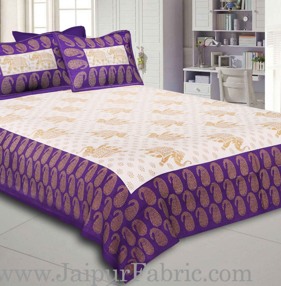 Purple Border Elephant Golden Print Cotton Double Bedsheet With Pillow Cover