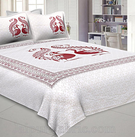 Twill Cotton Double Bedsheet Burgundy Red  Peacock Pair