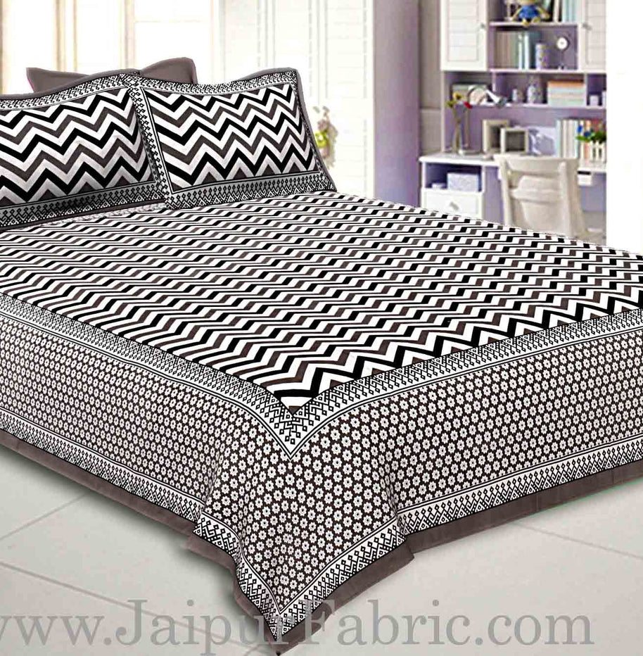 Double Bedsheet Grey  Border  Fine Cotton  Zig -Zag Print