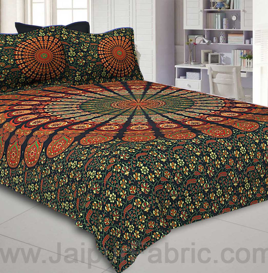 Green Mandala Double Bedsheet Tapestry with 2 Pillow Covers