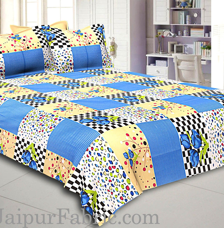 Blue Flower with Checkered Print Double Bed Sheet