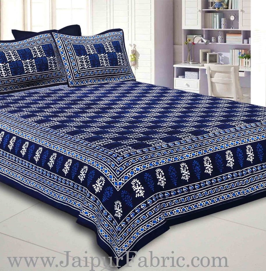 Blue Border Blue Base Checkered  Print Fine Cotton Double Bed sheet  With Pillow Cover