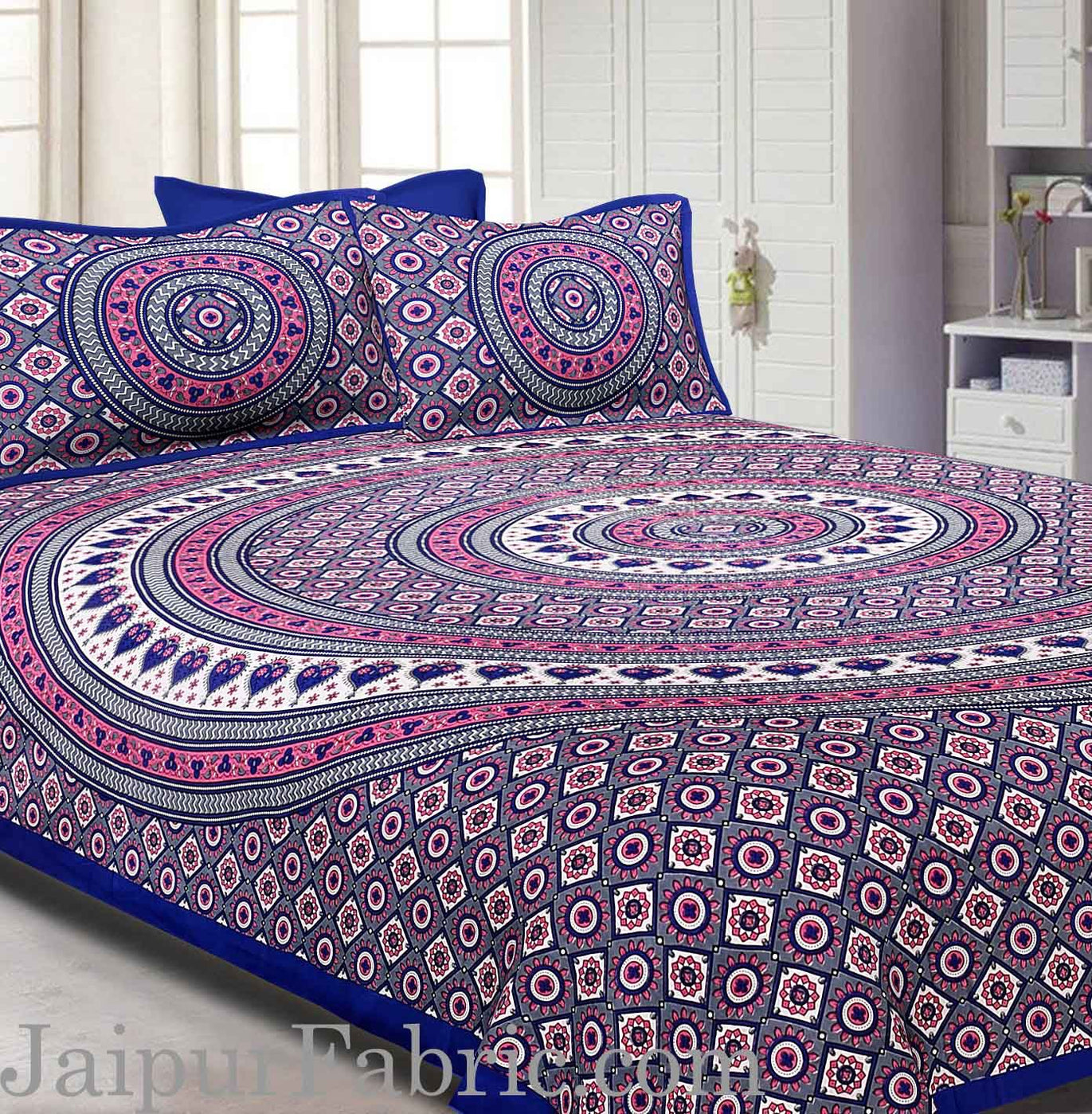 Blue Border Sanganeri Print Cotton Double Bed Sheet With 2 Pillow Cover