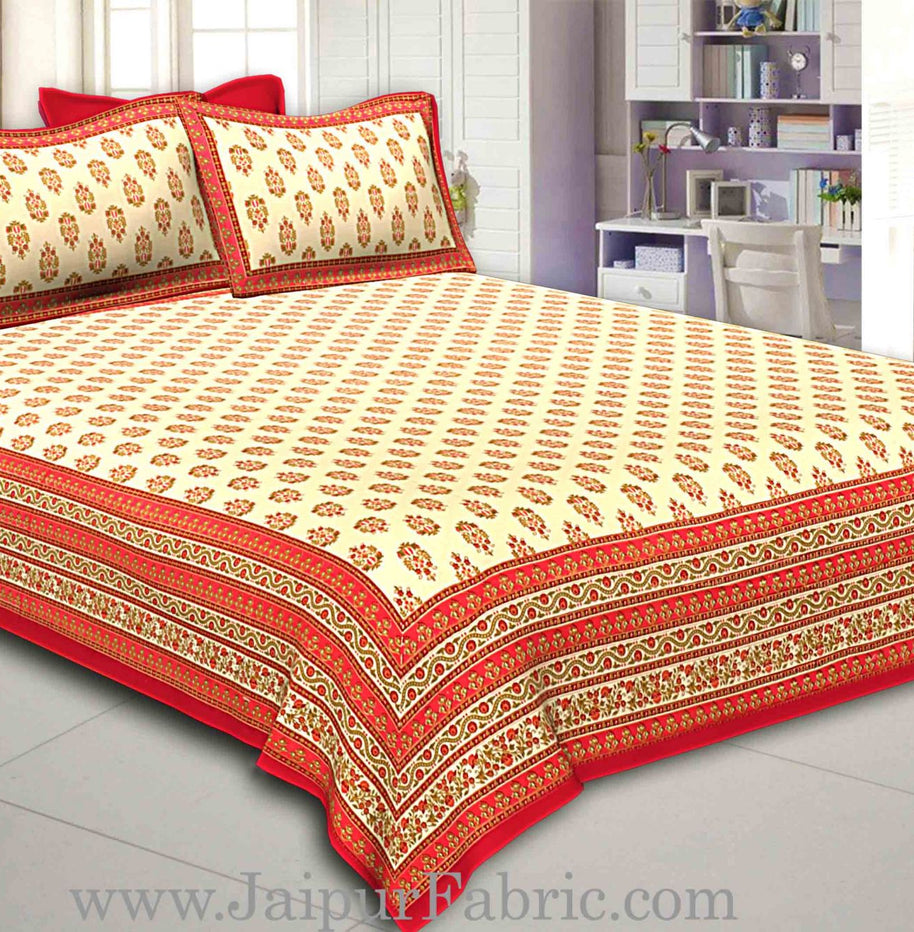 Red Border Cream Base  Multi Border Small Booti  With Golden Print Super Fine Cotton Double Bedsheet