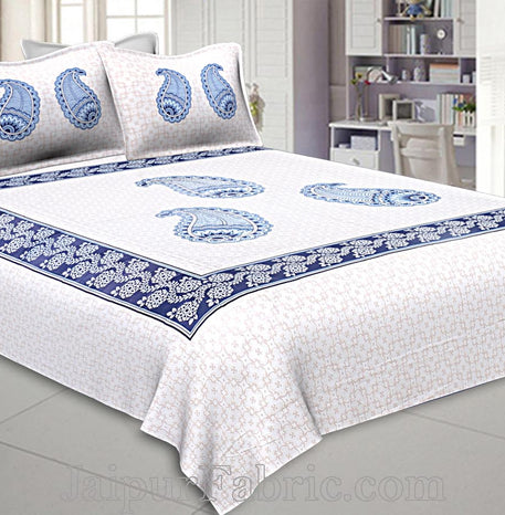 Twill Cotton Double Bedsheet Sky Blue Boota Print