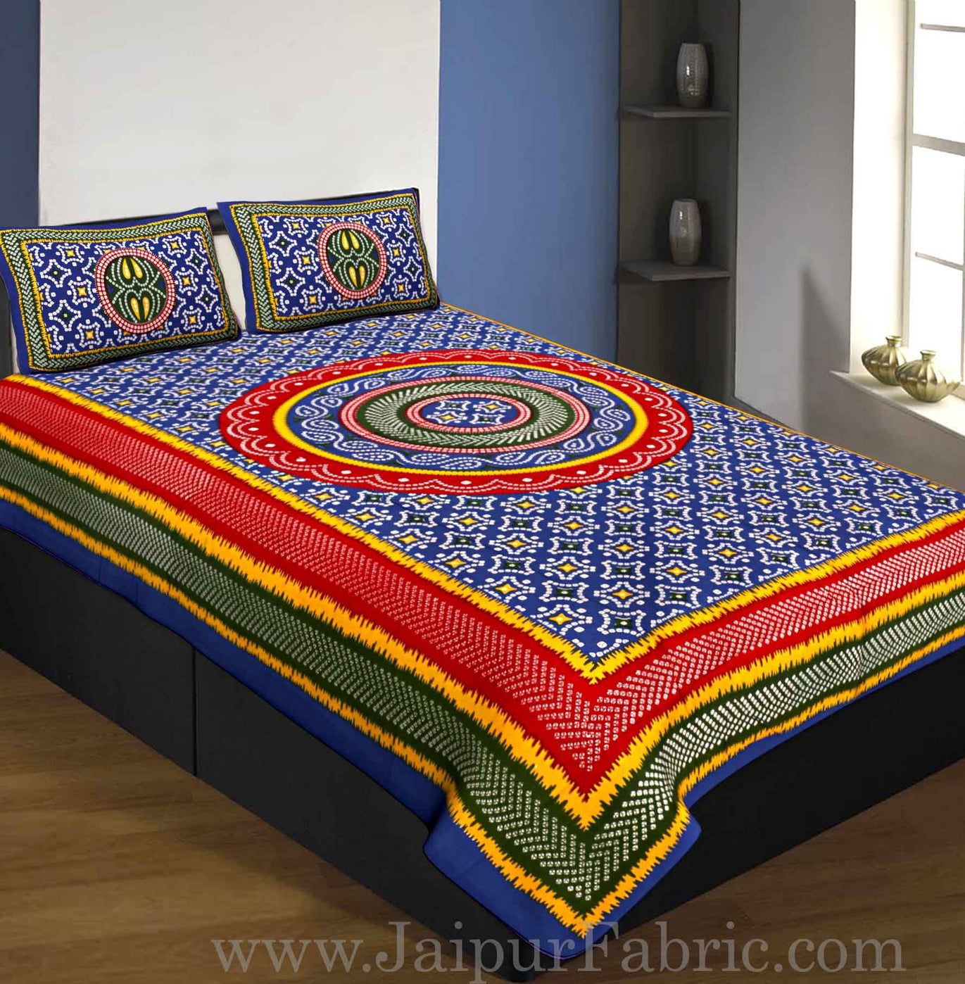 Single Bedsheet Pure Cotton Blue Border with  Bandhej and Rangoli Print