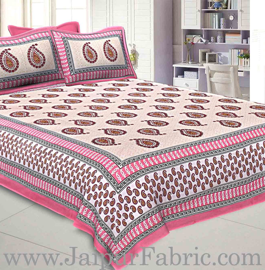 Double bedsheet Pink Border With Paisley Print Fine Cotton With Two Pillow Cover