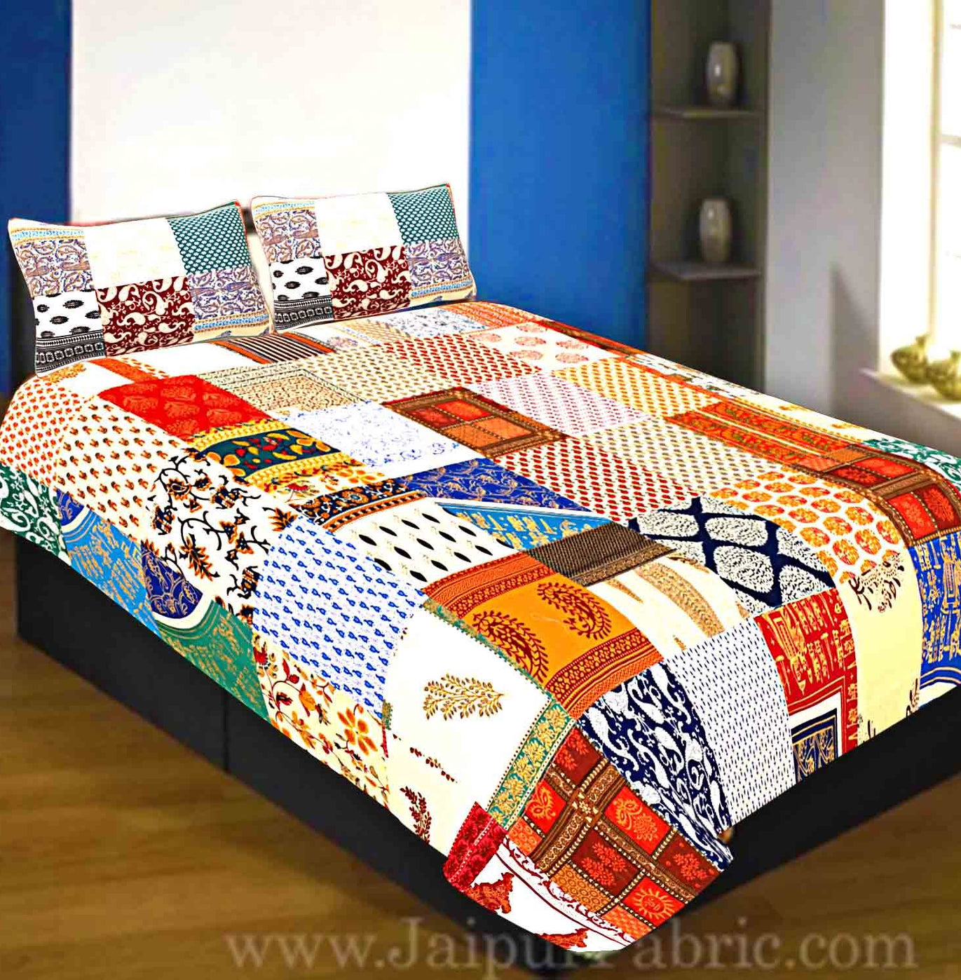 Mix Tukdi Super Fine Queen Size Cotton Golden Print Bedsheet