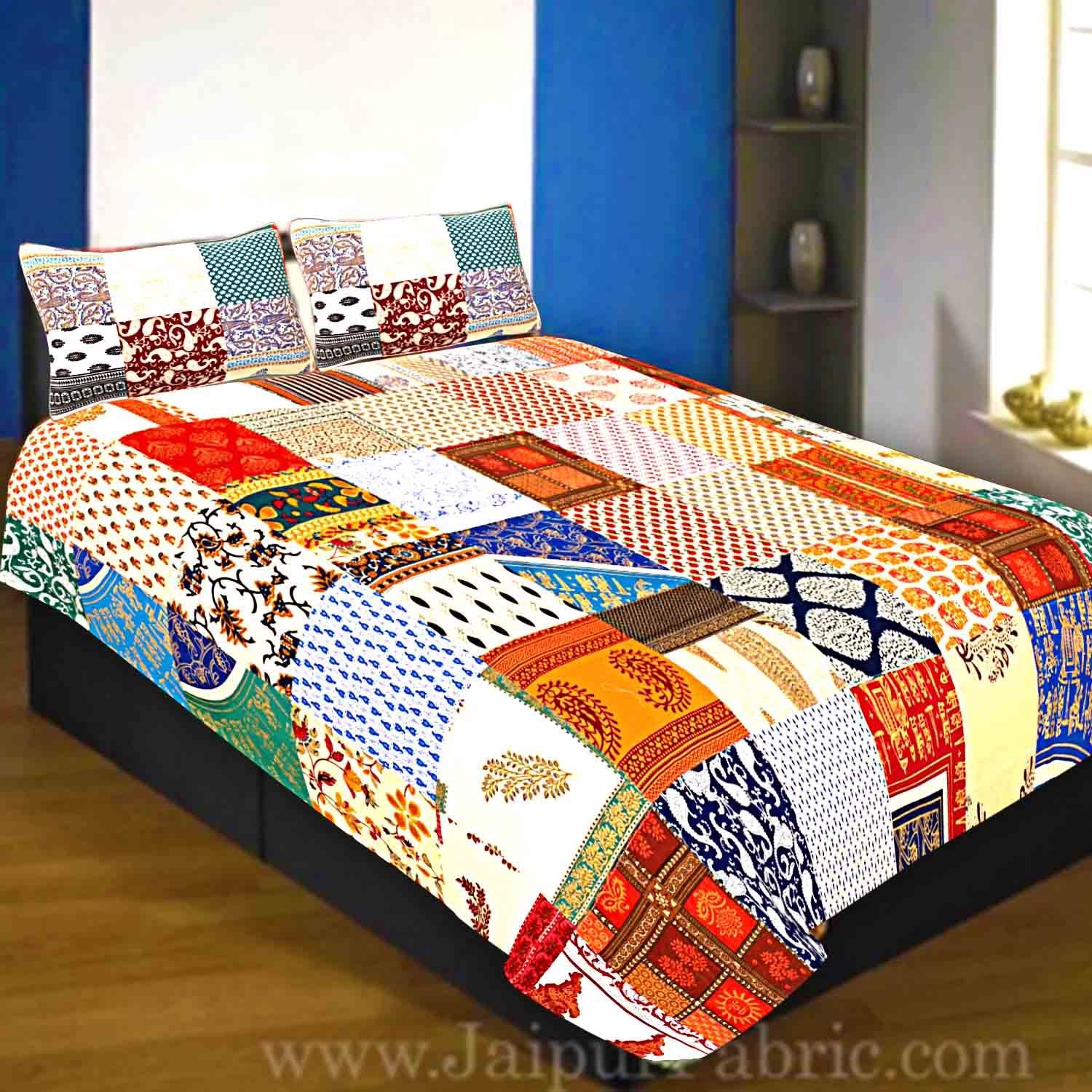 Mix Tukdi Super Fine Queen Size Cotton Golden Print Bedsheet