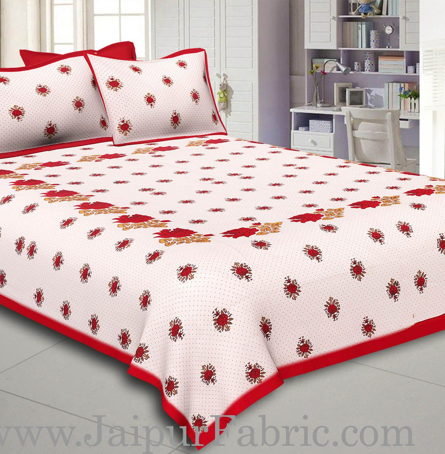 Dotted White Base Red Lotus Flower Print Cotton Double Bed Sheet