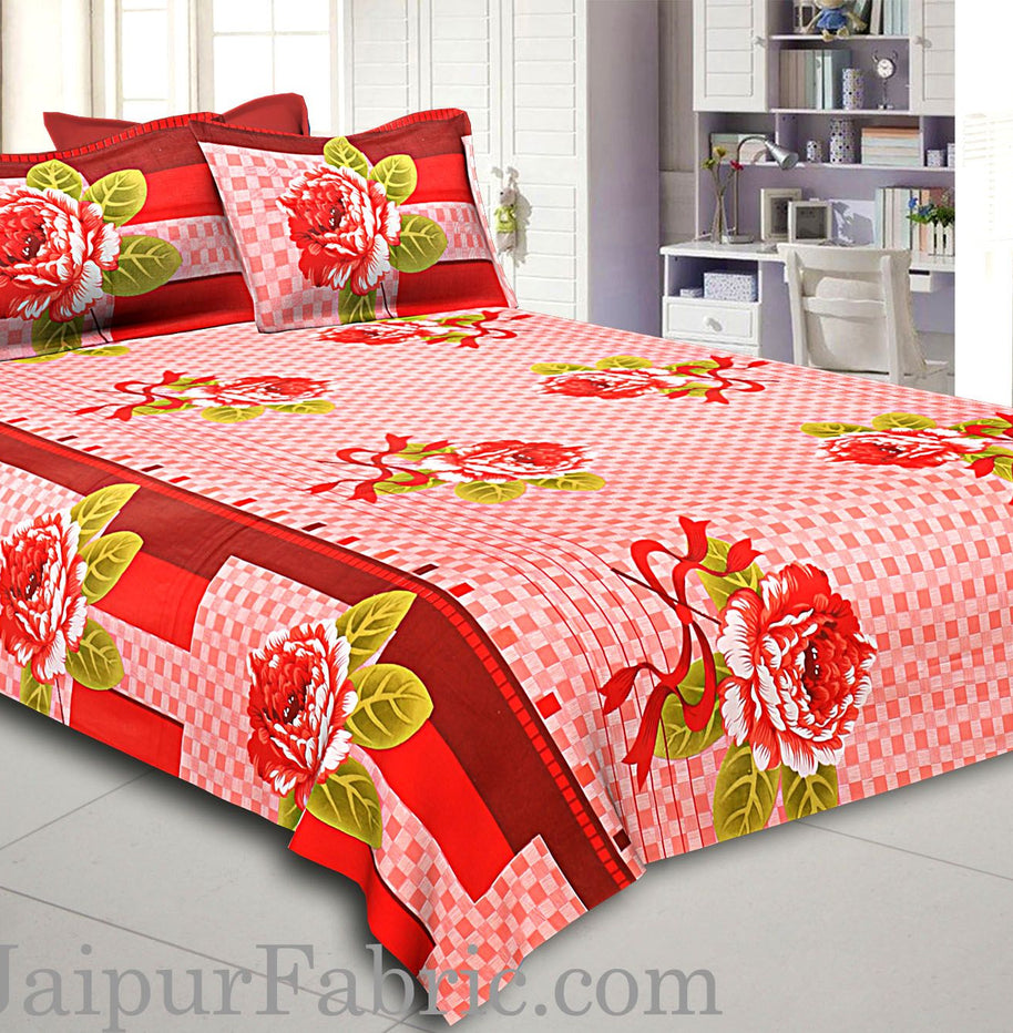 Orange Square Base with Flower Print Cotton Double Bed Sheet