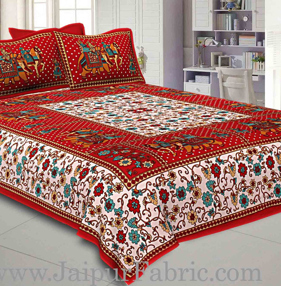 Double Bedsheet Maroon Border Gangaur Print Fine Cotton With Two Pillow Cover