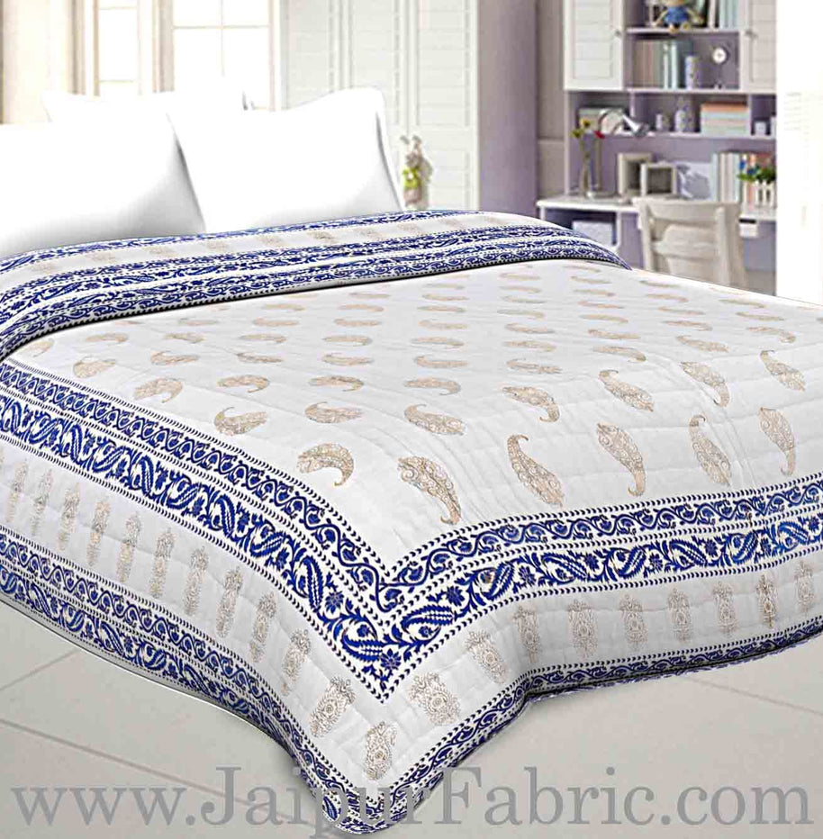 Jaipuri Printed Double Bed Razai Golden Light Blue White base with Paisley pattern