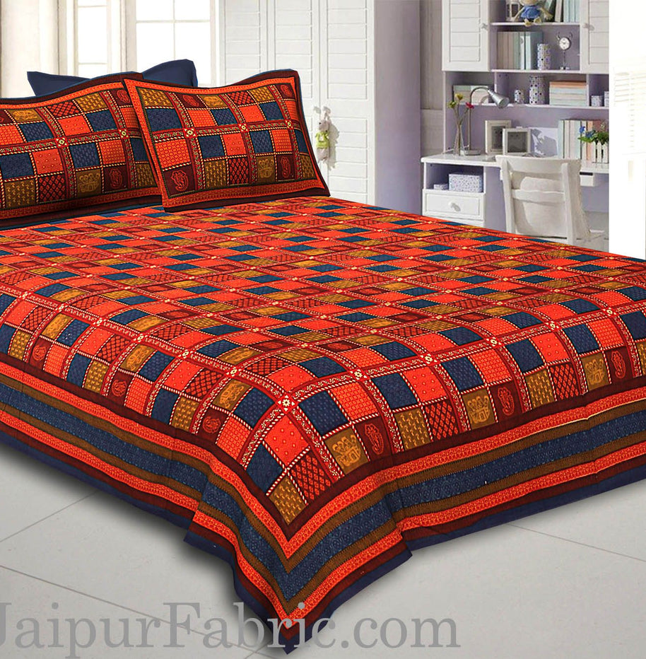 Blue Border Red And Blue Check Pattern Dabu Print (Hand Block)  Super Fine Cotton Double Bed Sheet