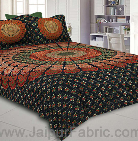 Dark Green Mandala Bedsheet Tapestry Floral Print With 2 Pillow Covers