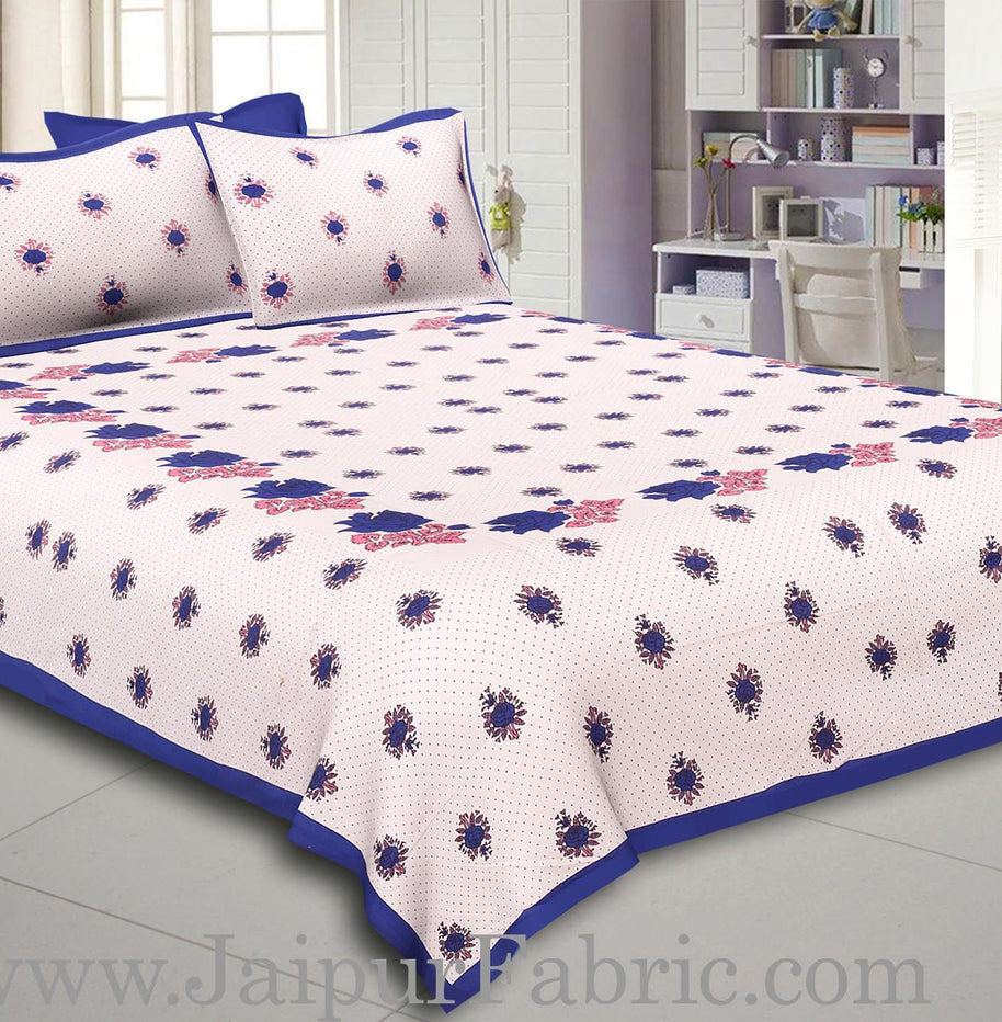 Dotted White Base Blue Lotus Flower Print Cotton Double Bed Sheet