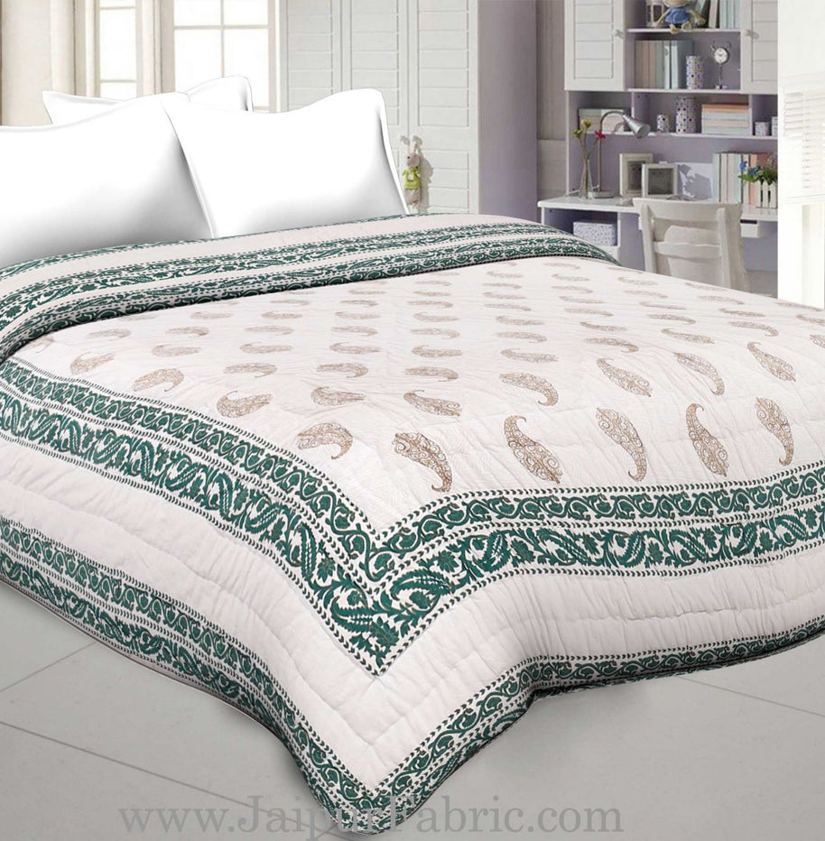 Green  Border With Cream Base Golden Paisley Booti Print Both Side Printed Cotton Double Quilt