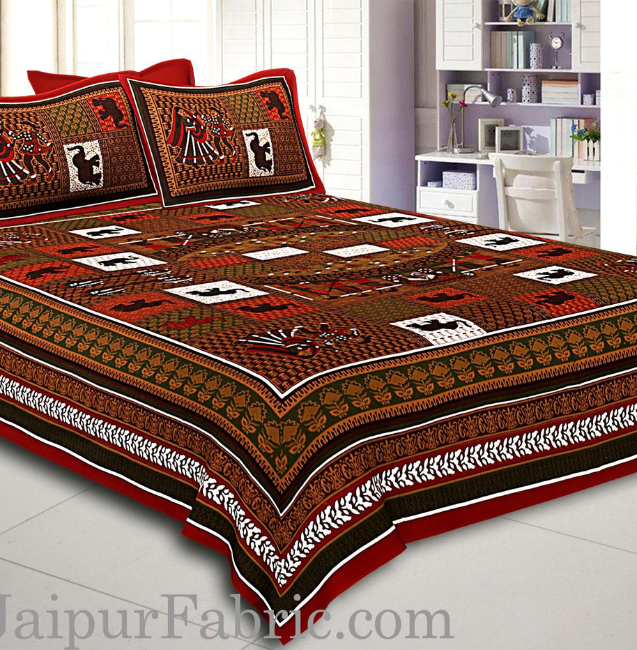 Dark Maroon And Multi Colour Base Doli Print In Checks  Fine Cotton Double Bed Sheet