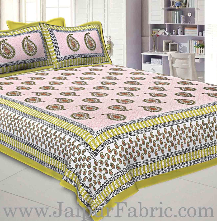 Double bedsheet Yellow Border With Paisley Print Fine Cotton With Two Pillow Cover