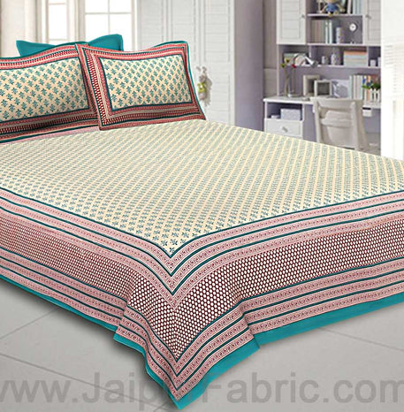 King Size Double Bedsheet Block Print Sea Green Border  Fine Cotton Design