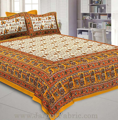 Super King Size Double Bedsheet Yellow Jaipuri Traditional Print with 2 Pillow Covers