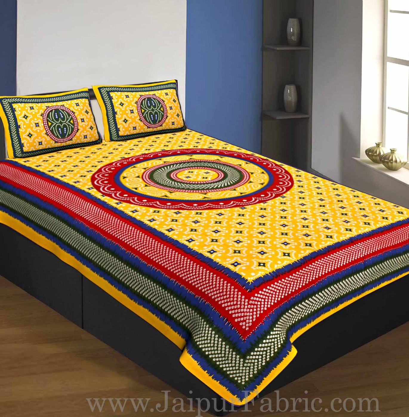 Single Bedsheet Pure Cotton Yellow  Border with  Bandhej and Rangoli Print