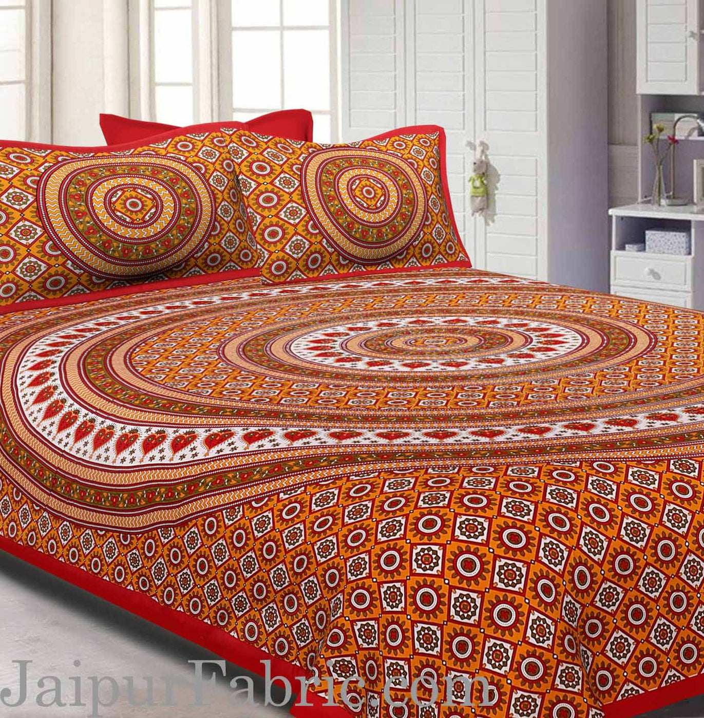 Red Border Sanganeri Print Cotton Double Bed Sheet With 2 Pillow Cover