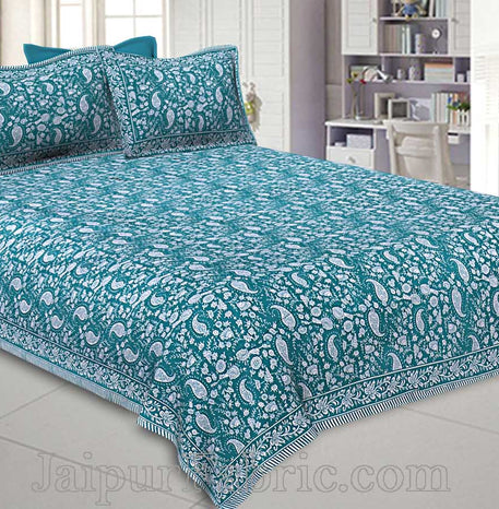 Double Bedsheet Sea Green Blue Paisley Floral Pattern