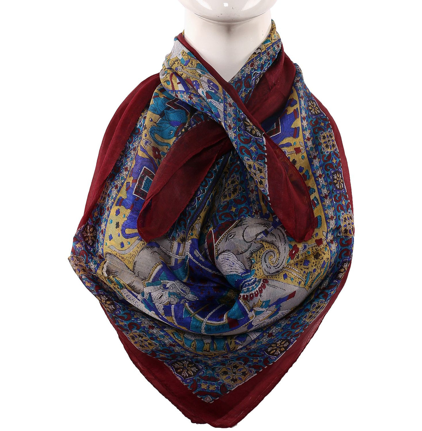 Silk Scarf Dark Maroon Border With Elephant Print