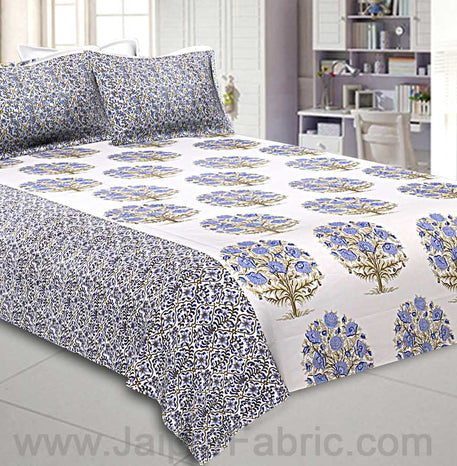 Double Bedsheet Gray Blue Floral Tree Print