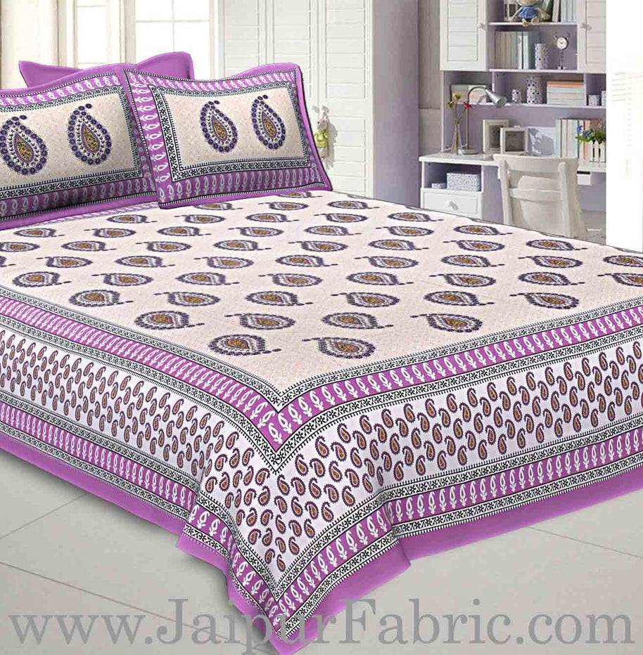 Double bedsheet Purple Border With Paisley Print Fine Cotton With Two Pillow Cover